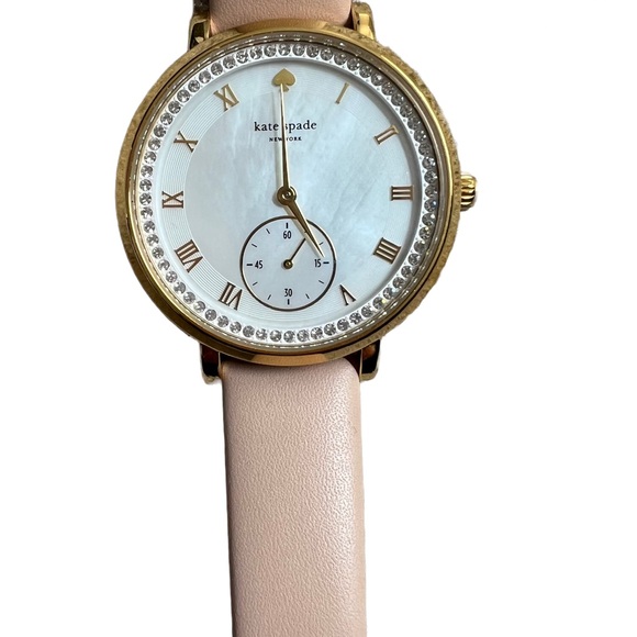 KATE SPADE NUDE AND GOLD “LIVE COLORFULLY” LEATHER WATCH WITH RHINESTONES - Picture 2 of 8